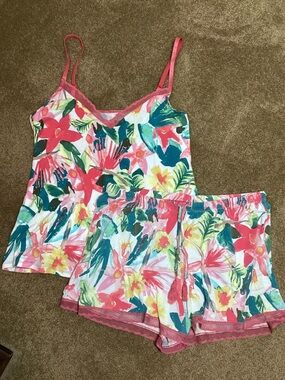 Gilligan O’Malley M Tropical Floral Print Lace-Trim Cami Shorts Pajama Set Pink